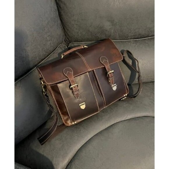 Handmade Leather Shoulder Briefcase Messenger Bag Mens 16 inch Laptop - Picture 1 of 3